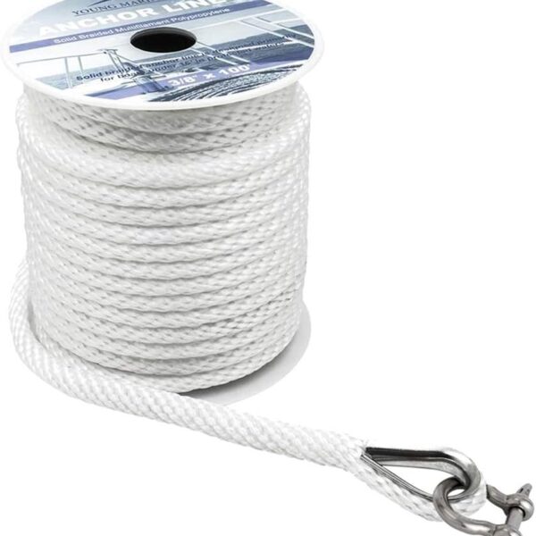 Young Marine Premium Solid Braid MFP Anchor Line Braided Anchor Rope/Line 3/8 Inch 100FT with Stainless Steel Thimble & Shackle (3/8" x 100', White)