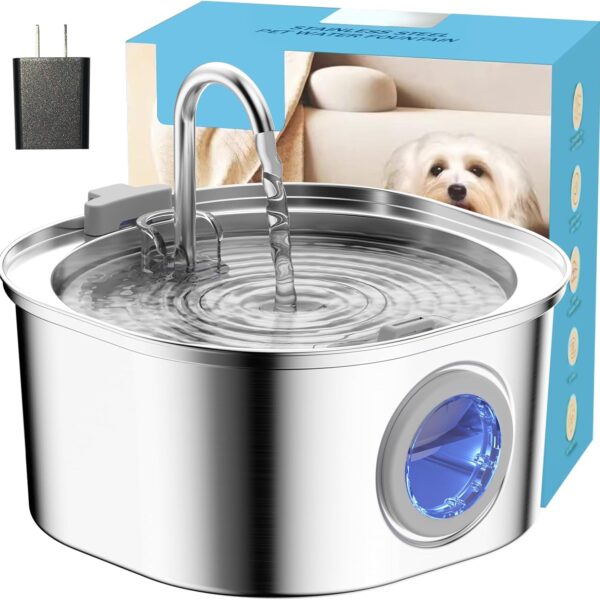 PEKTACO Cat Water Fountain - 3.2L/108oz Stainless Steel Pet Water Fountain for Cats/Dogs Inside with Water Level Window