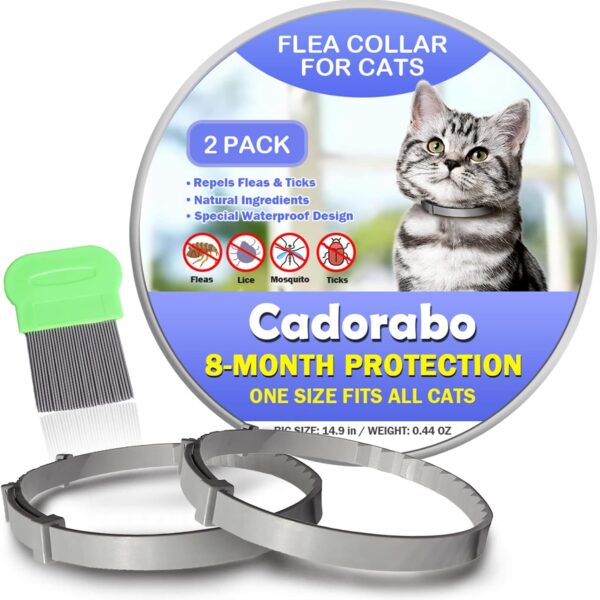 Cadorabo Flea and Tick Collar for Cats Kittens, 8 Months of Cat Flea Collar Protection 2 Collars Made with Premium Plant Based Essential Oil Waterproof and Natural Treatment Prevention Free Comb