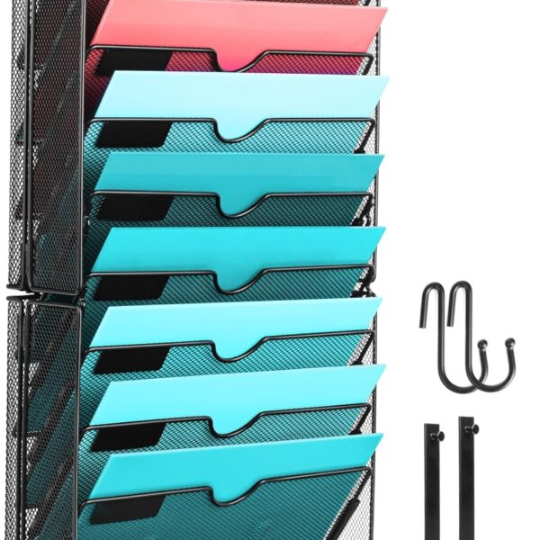 GALASALA Wall File Organizer, 10 Pockets Mesh Hanging File Organizer, Wall Mount File Holder With Hooks, Wall Organizer Magazine Rack for Office Supplies, Black