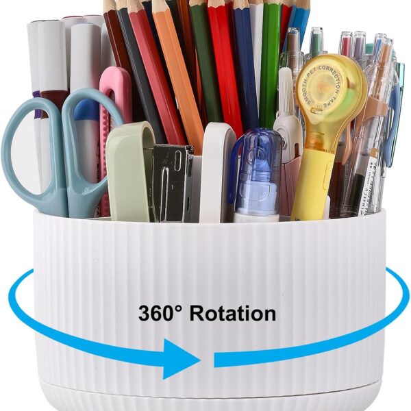 XHEHOY Pencil Pen Holder for Desk, 360 Degree Rotating Desk Organizers with 5 Slots, Cute Pen Cup for Office, School, Home and Art Supply, Desktop Storage Stationery Supplies Organizer, White