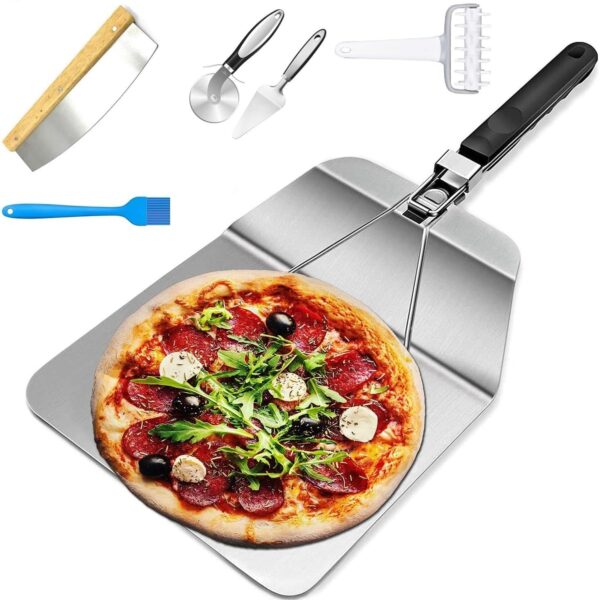 Pizza Making Kit (6 Pc Set) with 14 inch Pizza Cutter, Folding Pizza Peel, Cutter Rocker, Pizza Server, Cutter Wheel, Dough Docker, Oil Brush - DIY Homemade Pizza Oven Accessories & Tools
