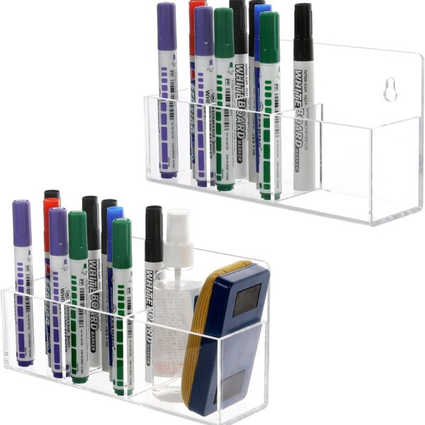 MyGift Premium Clear Acrylic Wall Mounted Dry Erase Marker and Eraser Holder Rack with 3 Compartments, Office Supplies Holder Whiteboard Accessories Storage Rack, Set of 2