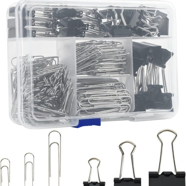 Binder Clips Paper Clips, 340pcs Black Binder Clips Sliver Paperclips Set, Paper Clamps for Office, School Supplies, Assorted Sizes Large, Medium, Small Metal Clips in Container with Compartments