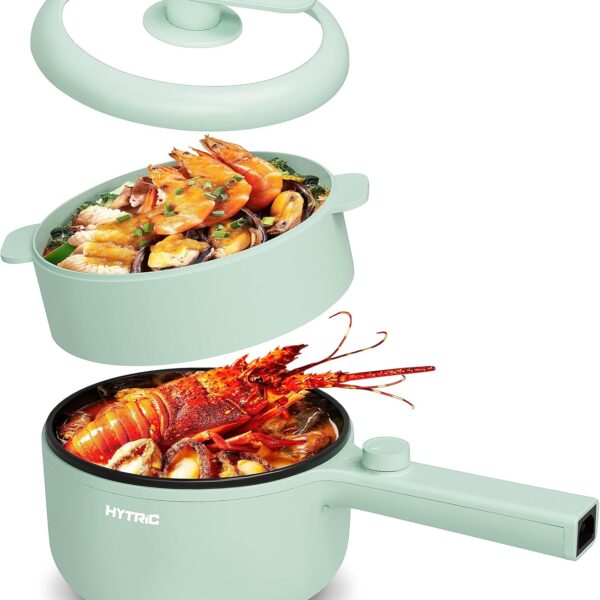 HYTRIC Electric Pot with Steamer New Upgrade, 1.5L Portable Nonstick Frying Pan, Electric Cooker for Steak, Egg, Pasta, Ramen Cooker with Dual Power Control, Mini Pot for Dorm, Office, Green