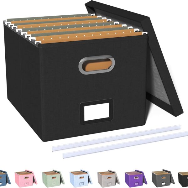 Oterri File Storage Organizer Box,Filing Box,Portable File Box with Lid,Fit for Letter/Legal File Folder Storage, Easy Slide Durable Hanging File Box for Office/Decor/Home,1 Pack,Black-Box only