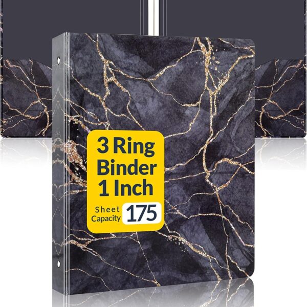 3 Ring Binder 1 Inch, SUNEE Marble Binder with 2 Pockets, Decorative Black Marble Three Ring Binder Heavy Duty (Fit 8.5x11 Inches) for School Supplies, Office Binder Supplies
