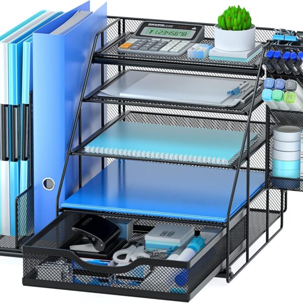 Egepon Office Desk Organizer with Vertical File Folder Holders 5-Tier Paper Letter Tray with Drawer and Hanging Pen Holder Multifunction Office Supplies and Accessories for Office School Home