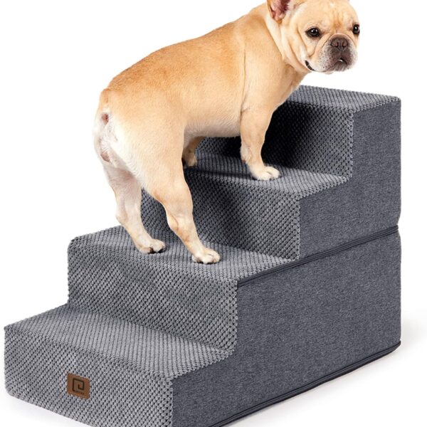 EHEYCIGA Dog Stairs for Small Dogs, 4-Step Dog Stairs for High Beds and Couch, Folding Pet Steps for Small Dogs and Cats, and High Bed Climbing, Non-Slip Balanced Dog Indoor Step, Grey, 3/4/5 Steps
